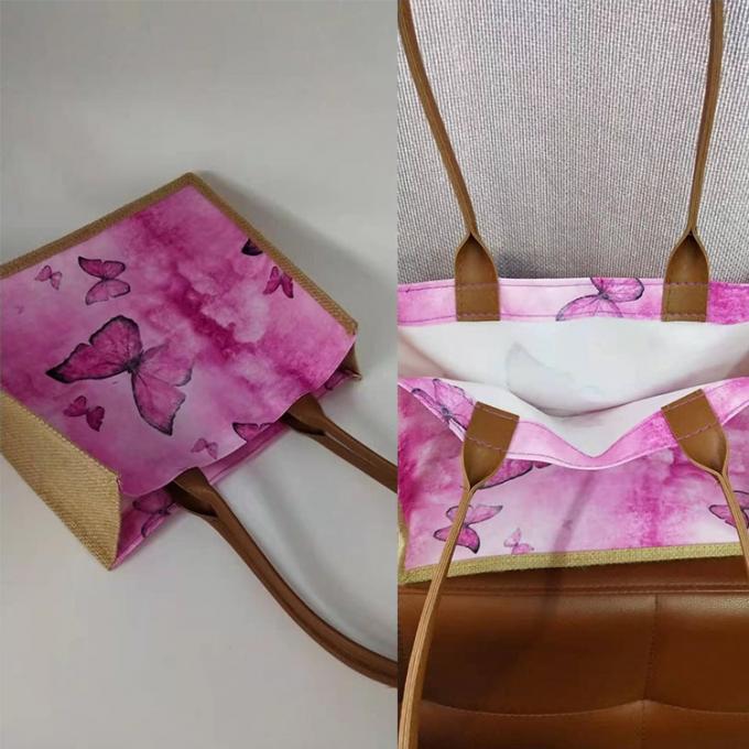 modelo modificado para requisitos particulares en el lado o en la bolsa de asas cosmética que hace compras del poliéster del yute de lino al por mayor delantero del cáñamo