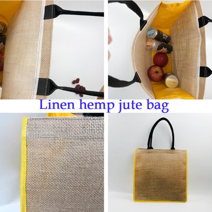 Bolso de lino orgánico respetuoso del medio ambiente al por mayor de la manija de la playa de la arpillera de las compras del yute del cáñamo de la promoción del cubo de encargo de la moda